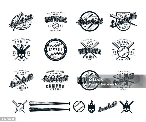 Set Of Baseball And Softball Badges Stock Illustration - Download Image Now - Softball - Sport, Softball - Ball, Badge