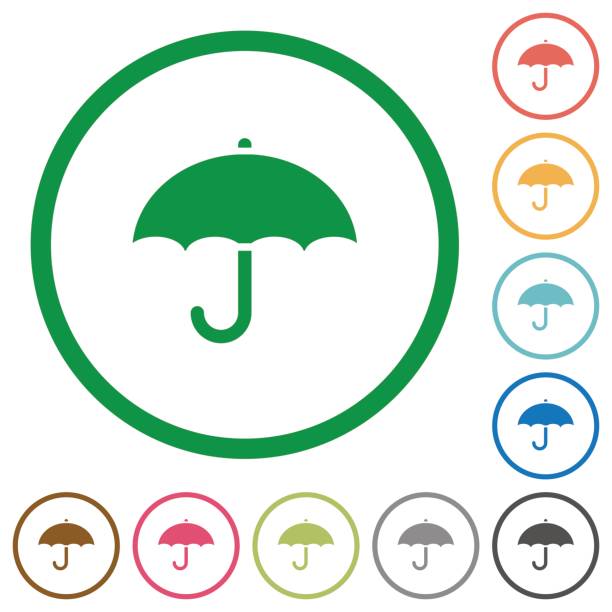 Umbrella flat icons with outlines Umbrella flat color icons in round outlines on white background aegis stock illustrations