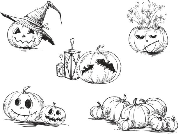 ilustraciones, imágenes clip art, dibujos animados e iconos de stock de había tallado de scary halloween calabazas. - linterna de halloween ilustraciones