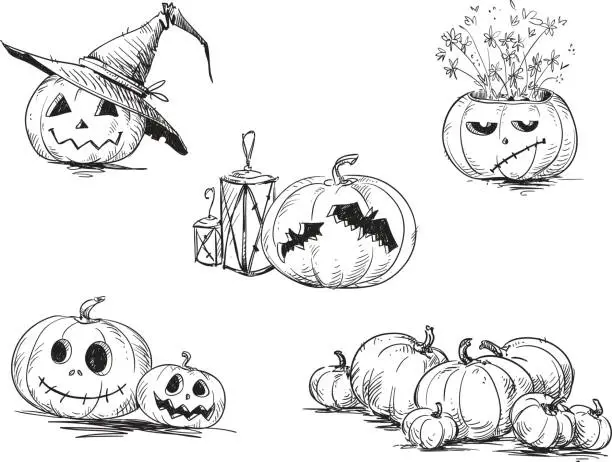 Vector illustration of Scary carved Halloween pumpkins.