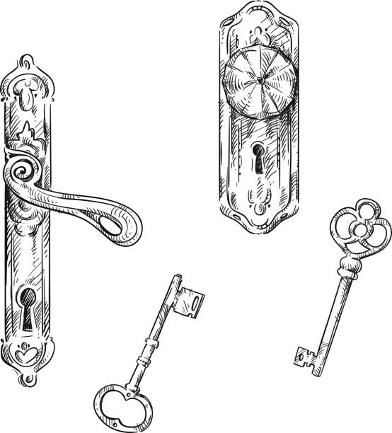 Door handles and keys, retro style Door handles and keys, retro style, vector sketch door handle stock illustrations