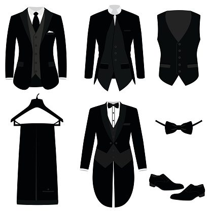 Wedding men's suit with shoes, tuxedo. Mens jacket. Waistcoat. Collection. Vector illustration