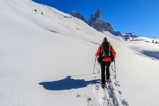 Snowshoeing in the Pale di San Martino Natural Park (Pala Group) in winter, Italy