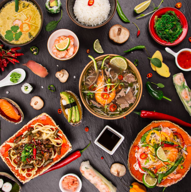 Various of asian meals on rustic background , top view , place for text