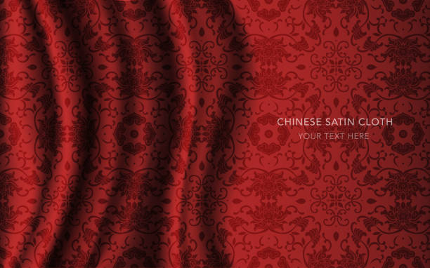 istock Traditional Red Chinese Silk Satin Fabric Cloth Background spiral vine leaf flower chintz 847129792
