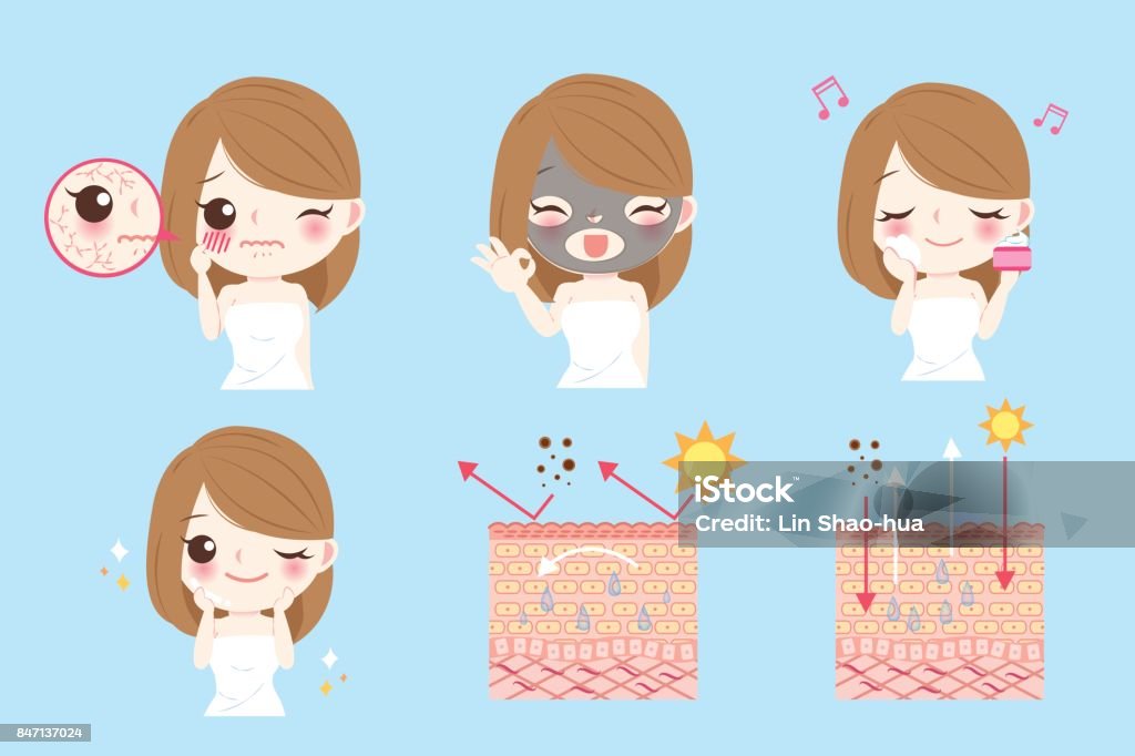 woman with skin care cartoon woman with skin care problem before and after Skin stock vector