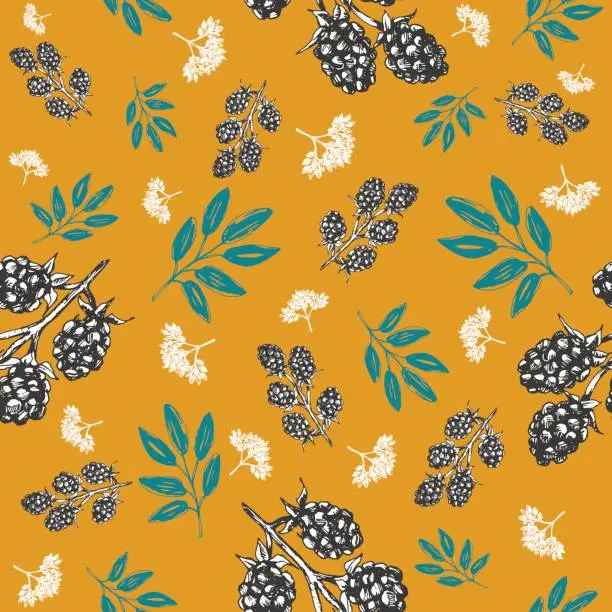 Vector illustration of Vector seamless background. The branches of a blackberry with berries sketch hand drawn image. Design for fabrics, textiles, paper, wallpaper, web. Vintage yellow and green colors.