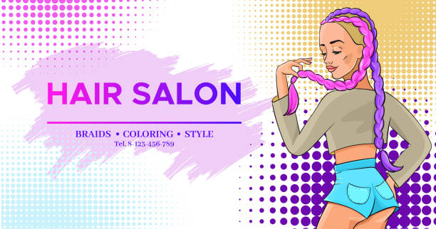 illustrations, cliparts, dessins animés et icônes de bannière de salon de cheveux avec fille style pop art avec boxer couleur tresses tendance coiffure porter des shorts jeans, illustration vectorielle de beauté studio affiche flyer coiffeur, femme moderne mode - sensuality color image wallpaper black