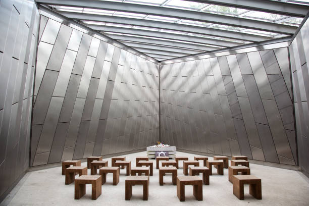 Bergen Belsen, Germany - May 20, 2017:  Interior of Jewish memorial  chapel on the former grounds of concentration camp Bergen-Belsen in Germany.