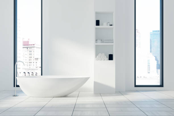 istock White bathroom interior, tub and shelves 847155620