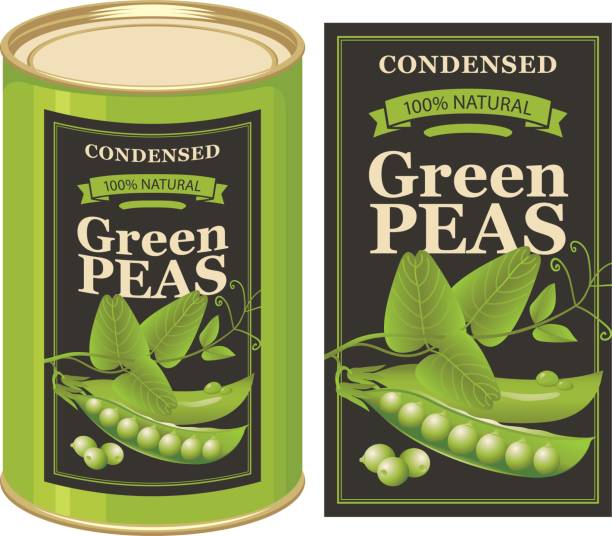 vector label for a tin can of canned green peas Vector illustration of tin can with a label for canned green peas with the realistic image of pea pods, tendrils and leaves and calligraphic inscription can of beans label stock illustrations