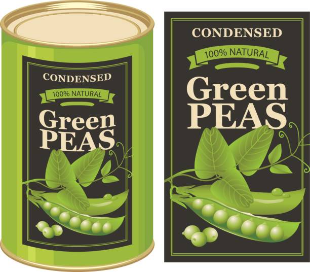 vector label for a tin can of canned green peas Vector illustration of tin can with a label for canned green peas with the realistic image of pea pods, tendrils and leaves and calligraphic inscription bean stock illustrations