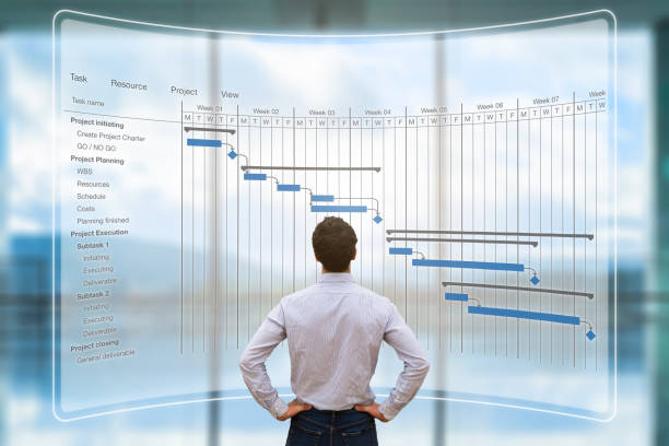 Project manager looking at AR screen, Gantt chart schedule, planning Project manager looking at AR screen with Gantt chart schedule or planning showing tasks and deadlines augmented reality photos stock pictures, royalty-free photos & images
