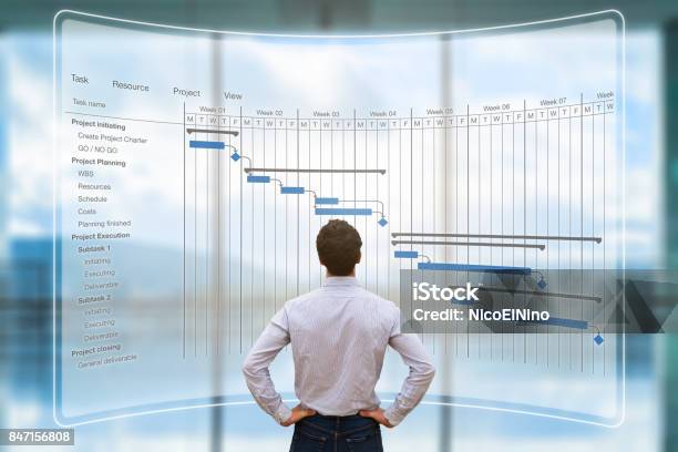 Project Manager Looking At Ar Screen Gantt Chart Schedule Planning Stock Photo - Download Image Now