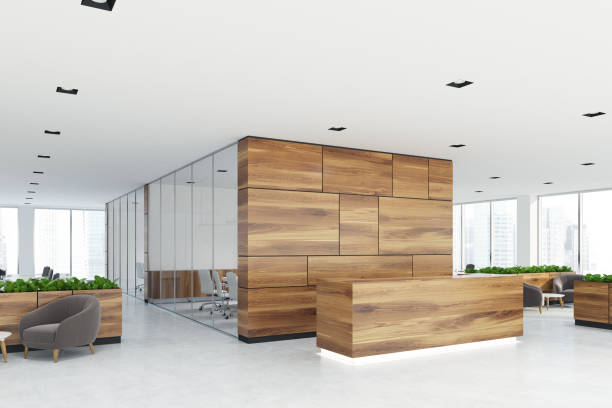 istock Wooden and glass reception, armchairs, side 847157088