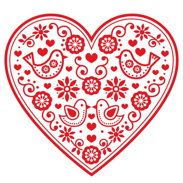 folk herz vektormuster mit blumen und vögel - valentinstag, hochzeit, geburtstag grußkarte - symmetry happiness symbol wedding stock-grafiken, -clipart, -cartoons und -symbole