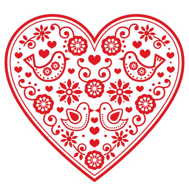ludowy wzór wektorowy serca z kwiatami i ptakami - walentynki, ślub, kartka z życzeniami urodzinowymi - symmetry happiness symbol wedding stock illustrations