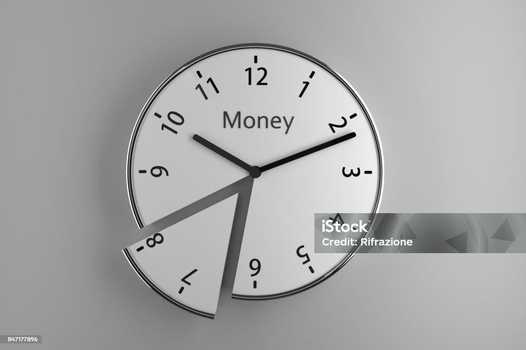 Sliced wall clock A sliced wall clock on white background with the word 'Money' on it as an imaginary brand. Currency Stock Photo