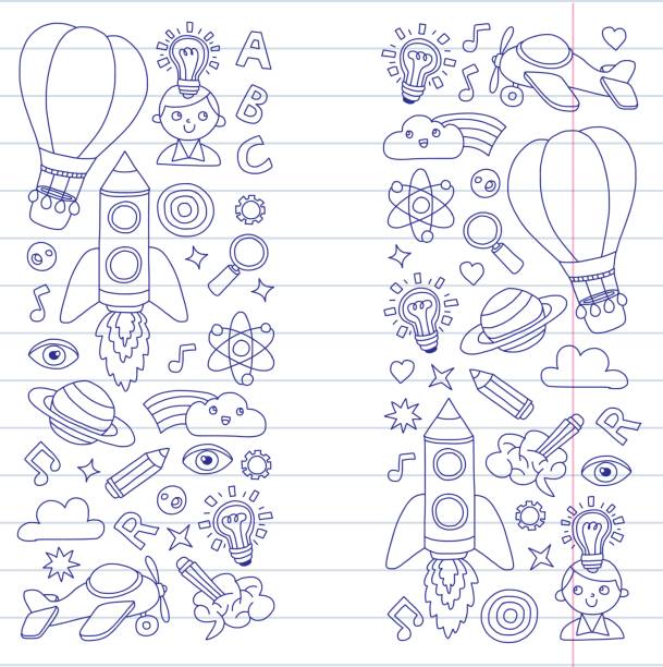 Knowledge Imagination Fantasy Kids drawing style Creative education concept Kindergarten School Pre-school Nurcery Knowledge Imagination Fantasy Kids drawing style Creative education concepts Kindergarten School Pre-school Nurcery teenager doodle stock illustrations