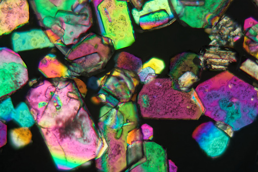 Crystals of sodium borate under the microscope and in polarized light.