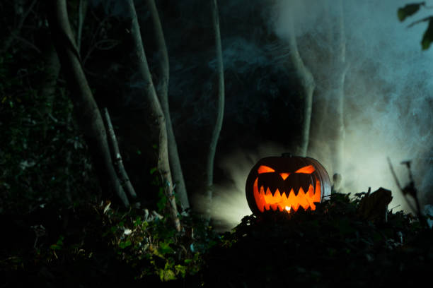 istock Jack-o-Lantern Glowing in Hazy Dark Woods with Copy Space 847198770