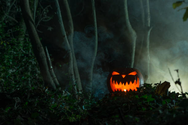 istock Jack-o-Lantern Gleaming in Dark Smoky Woods with Copy Space 847198772