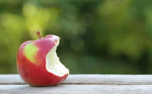 Bitten apple on a woden table in garden with copy sapace close up image