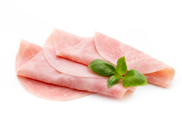 istock Thin slices of ham on white background. 847206402