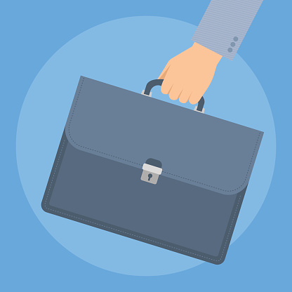 Businessman's hand carries a briefcase by the handle. Concept business illustration of human hand with luggage black suitcase with documents, contracts and agreements. Flat vector design elements.