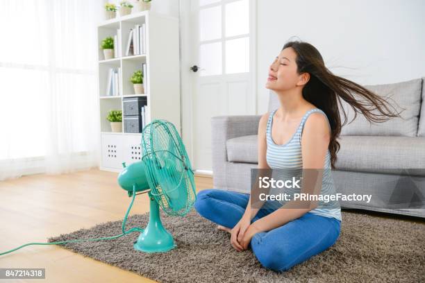 Beauty Young Woman Sitting On Living Room Stock Photo - Download Image Now - Electric Fan, Wind, Heat - Temperature