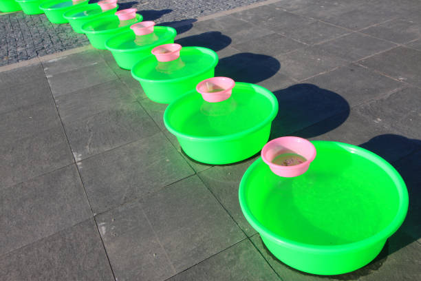 Green plastic basin are arranged on the ground
