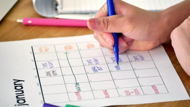 Unrecognizable woman schedules New Year's resolutions in her calendar
