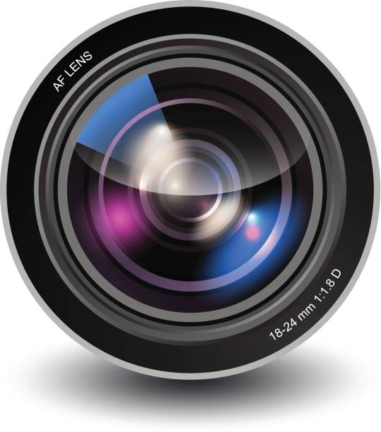 Vector camera lens Vector illustration of realistic camera lens isolated on white background with shadow, photo lens closeup digital single lens reflex camera stock illustrations