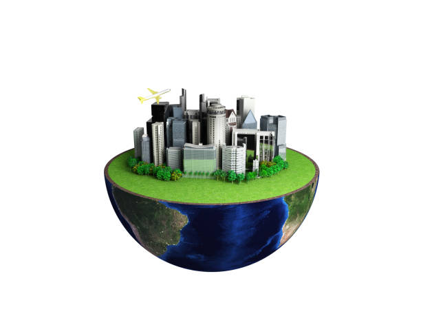 istock Urbanization concept with globe and city on abstract white background 3D Rendering 847240688