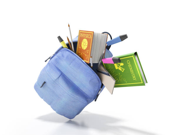 Blue backpack with school supplies 3d render on white stock photo