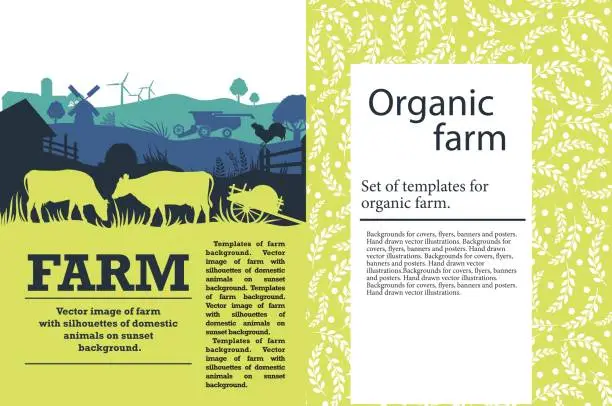 Vector illustration of Vector illustration of a farm with silhouettes of cows, chickens and trees. Agricultural template