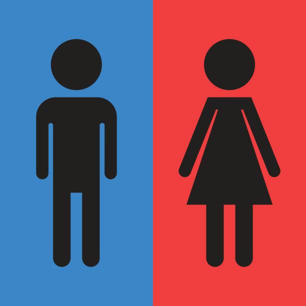 istock WC, toilet flat vector icon . Men and women sign for restroom on blue and red background. 847248630