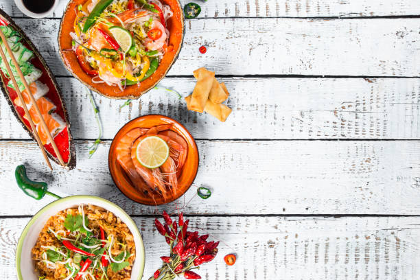 istock Various of asian meals on rustic background , top view , place for text 847257626