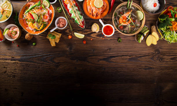 istock Various of asian meals on rustic background , top view , place for text 847259982