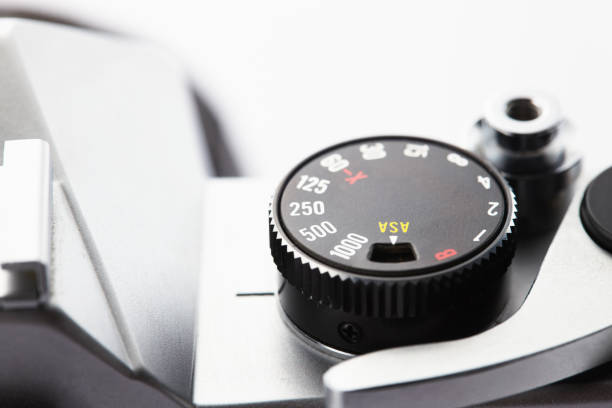 Close-up of an old vintage film camera dial and shutter button