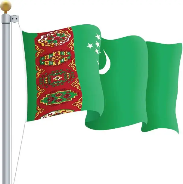 Vector illustration of Waving Turkmenistan Flag Isolated On A White Background. Vector Illustration
