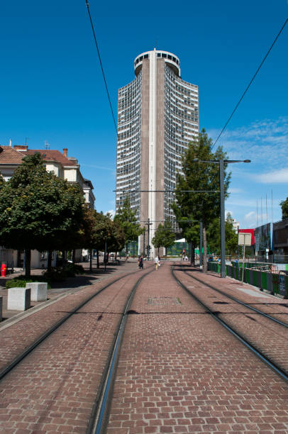 European tower in Mulhouse and railways of tramway Mulhouse - France - 12 th August 2014 - European tower in Mulhouse and railways of tramway mulhouse photos stock pictures, royalty-free photos & images