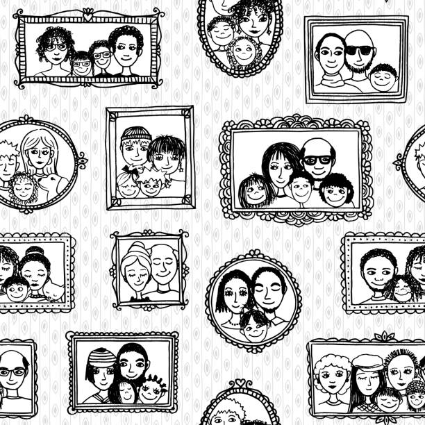 Seamless pattern of family portraits Seamless pattern of cute family pictures hanging on the wall, in black and white family photo on wall stock illustrations
