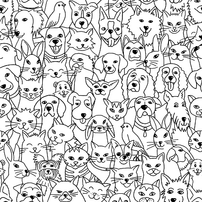Hand drawn seamless pattern with cute pets: dogs, cats, birds, bunnies, hamster