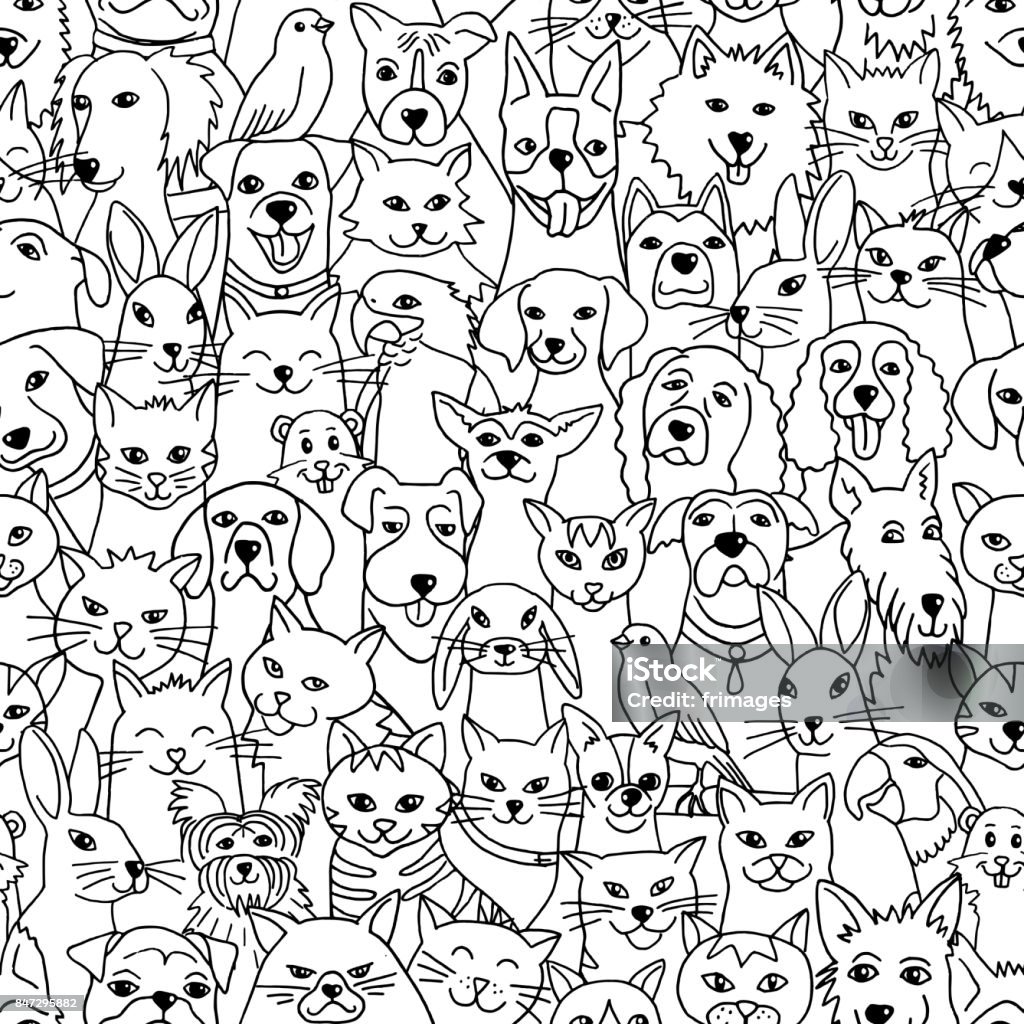 Pets seamless pattern Hand drawn seamless pattern with cute pets: dogs, cats, birds, bunnies, hamster Dog stock vector