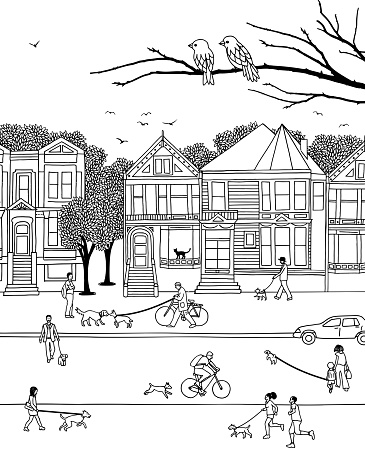 Hand drawn little people walking their dogs on leashes through the street, black and white illustration