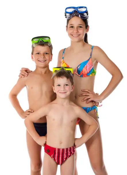 Photo of +Three kids in swimsuit standing together