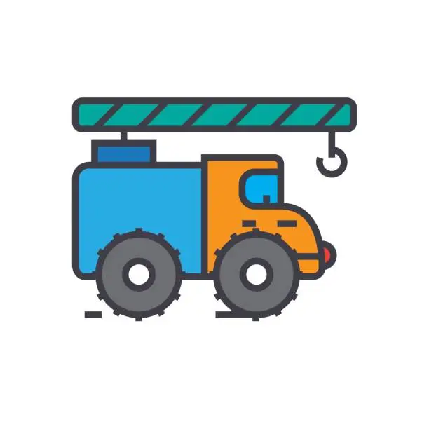 Vector illustration of Crane truck, construction vehicle flat line illustration, concept vector isolated icon