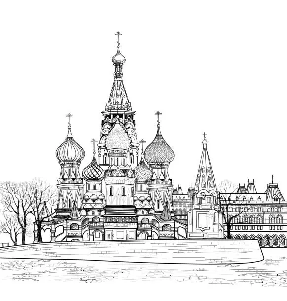 Vector illustration of St Basil cathedral city view, Moscow, Russia. Travel Russia background. Engraved cityscape