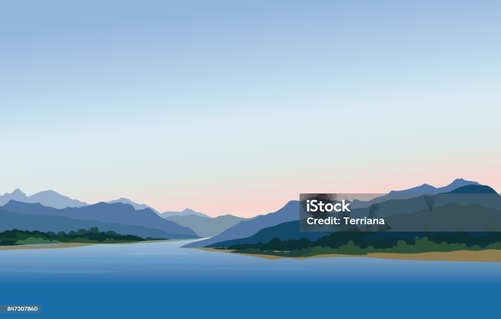 Mountain and hills landscape. Rural skyline. Lake view. Lagoon r Mountain and hills landscape. Rural skyline. Lake view. Lagoon resort in the evening Mountain stock vector